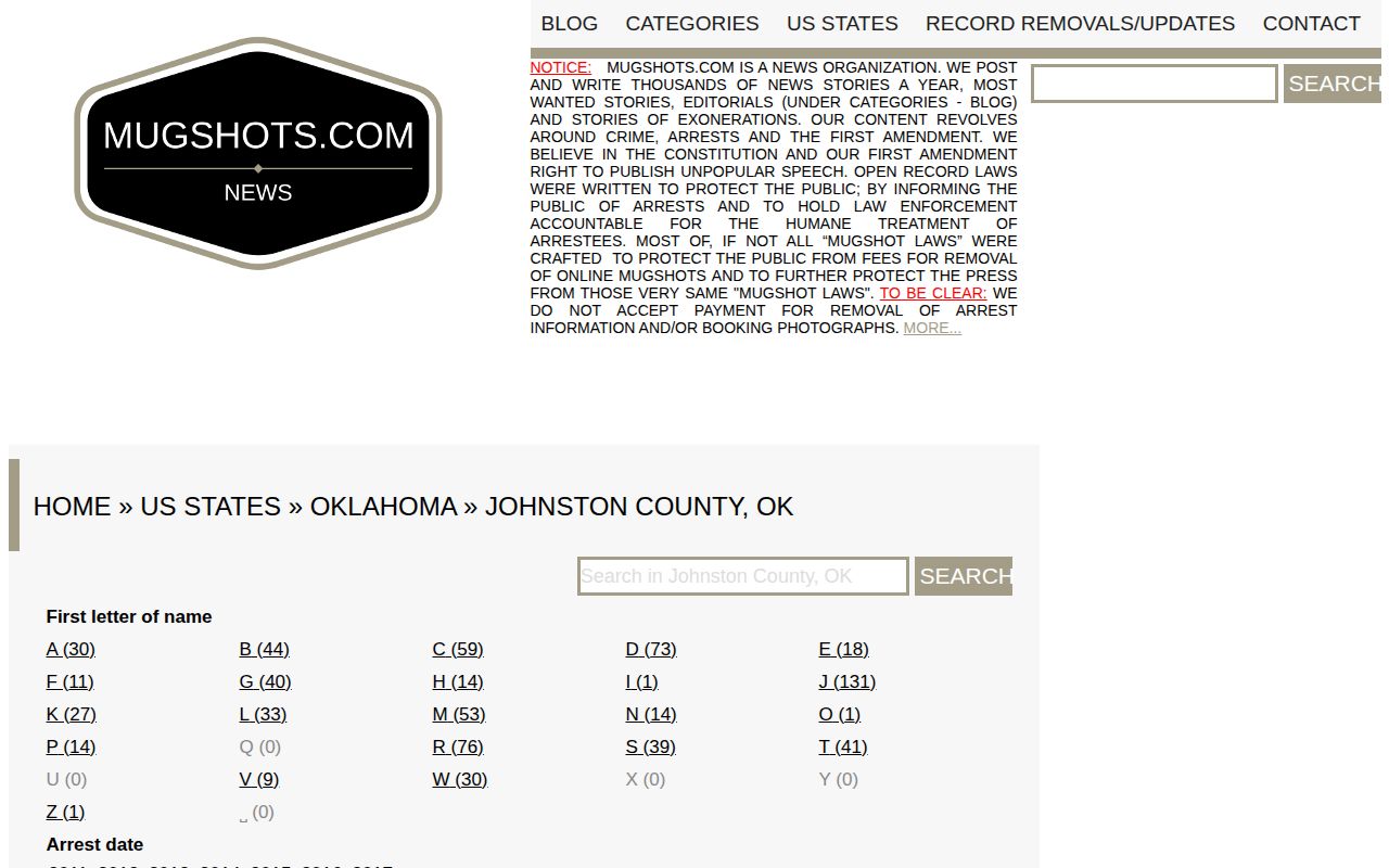 Unofficial Johnston County mugshot listing source caveat